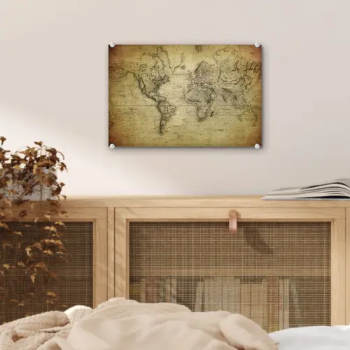 Wereldkaart - Vintage - Antiek - Bruin - Papier plexiglas 5mm klein -sfeer4