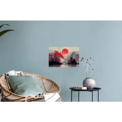 Rode zon - Rivier - brug - Bomen Muursticker klein -plant