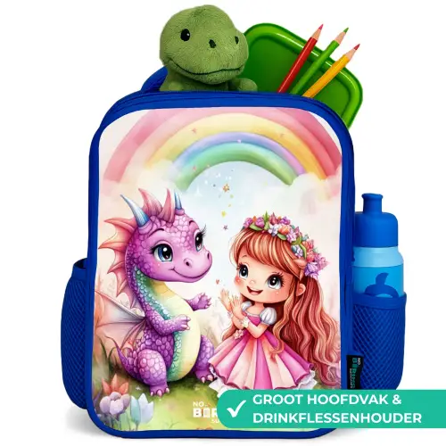 Meisje met paarse draak onder regenboog Kinderrugzak - Blauw middel -inhoud_NL
