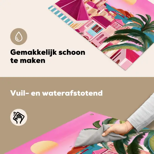 Stad - Roze - Palmbomen Inductie beschemer met haakjes klein -ky-schoon-nl