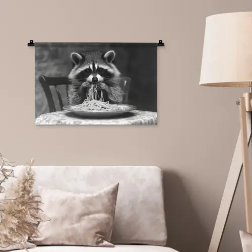 Wasbeer - Cute - Pasta - Tafelkleed - Zwart - Wit Wandkleed katoen klein -sfeer4