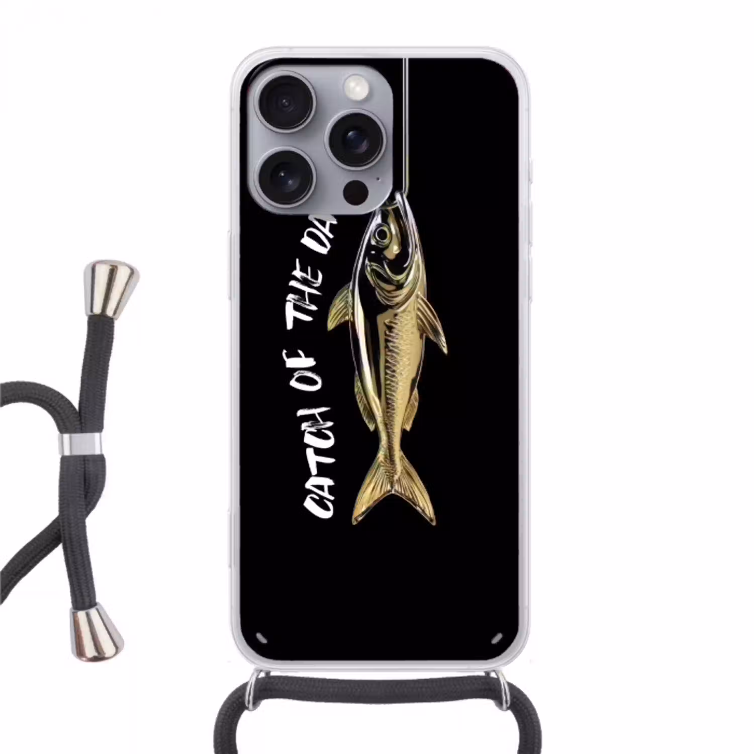 Vis - Zwart - Goud - Tekst Hoesje iPhone 16 Pro Max met koord klein -3d