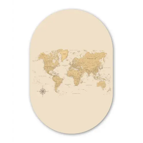 Wereldkaart - Realistisch - Beige Wandcirkel Ovaal Forex klein -3d