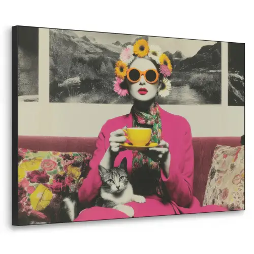Vrouw - Kat - Bloemen - Kopje - Retro Textielframe zwart klein -3d