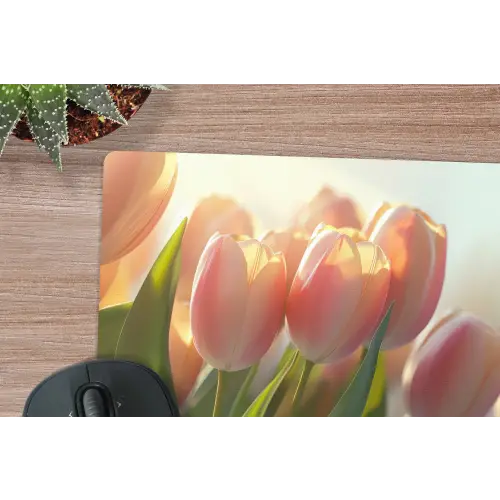 Tulpen - Roze - Zonnestralen muismat rubber klein -closeup