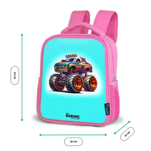 Monstertruck op Lichtblauwe Achtergrond Kinderrugzak - Roze middel -productfoto_formaten