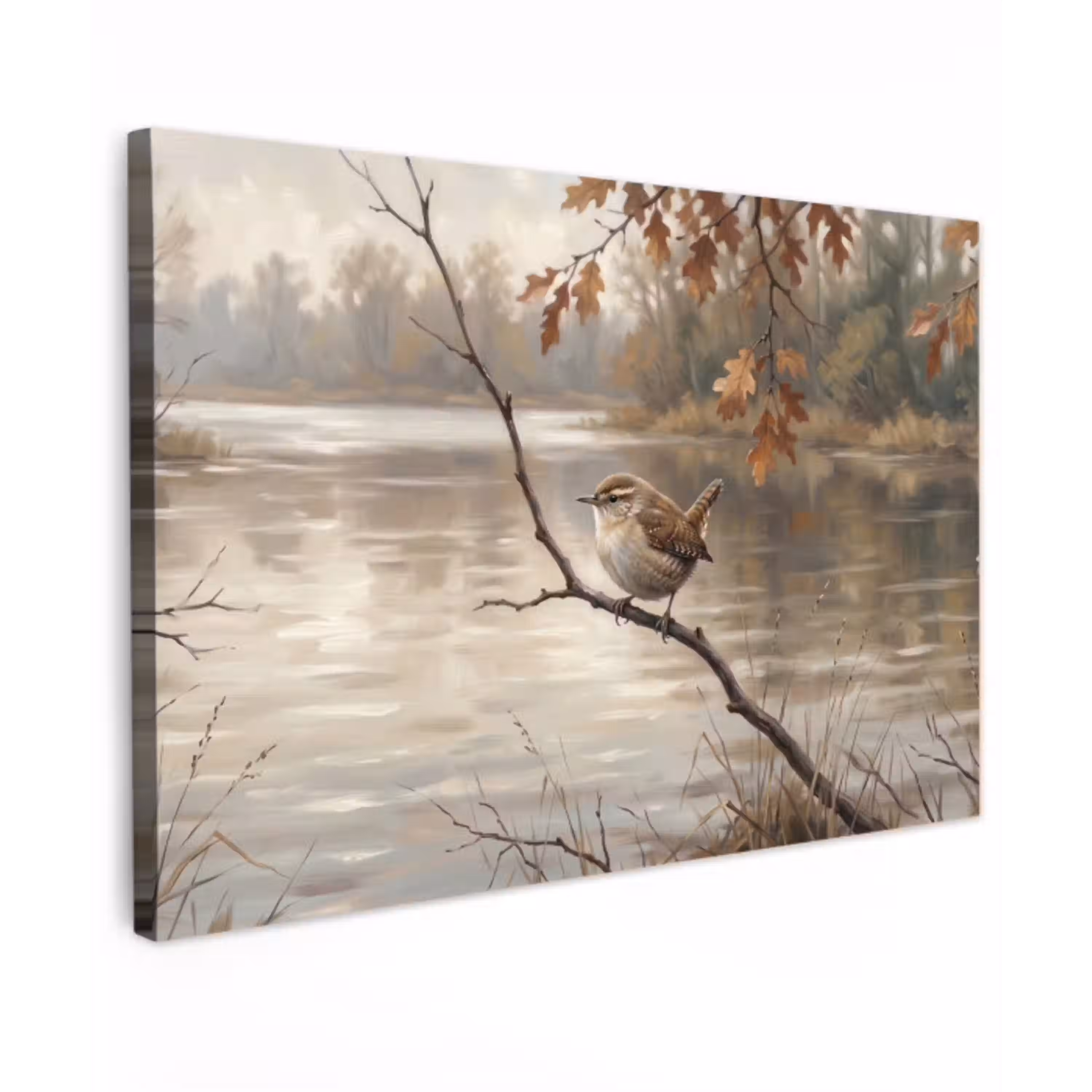 Winterkoninkje - Tak - Rivier - Natuur - Sfeervol Tuinposter op houten frame 2 cm dik klein -3d
