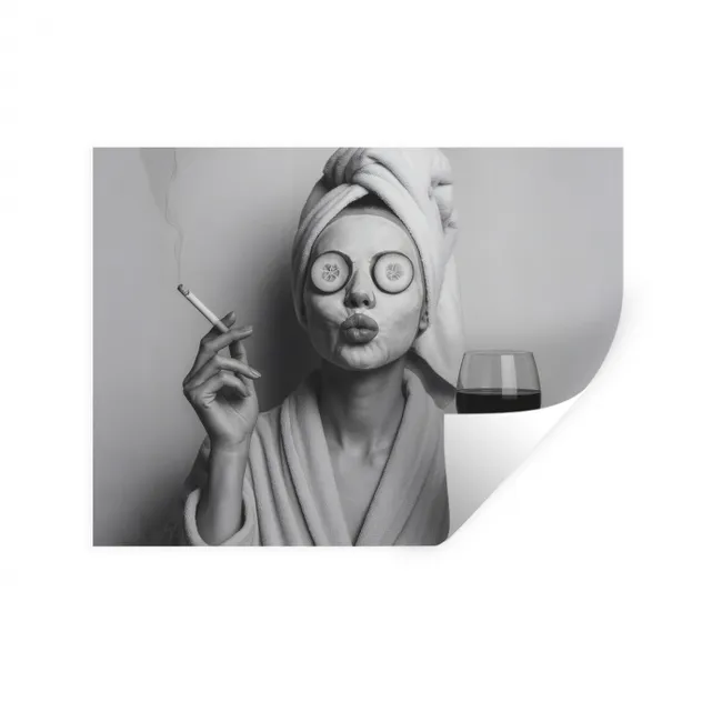 Muursticker - Vrouw - Masker - Wijn - Sigaret