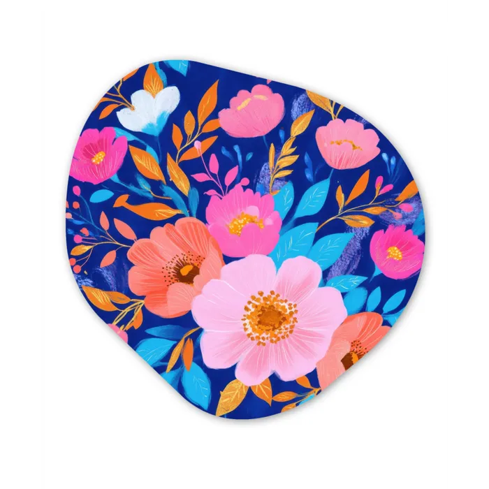 Bloemen - Blauw - Roze Wandcirkel Organisch Aluminium middel -3d