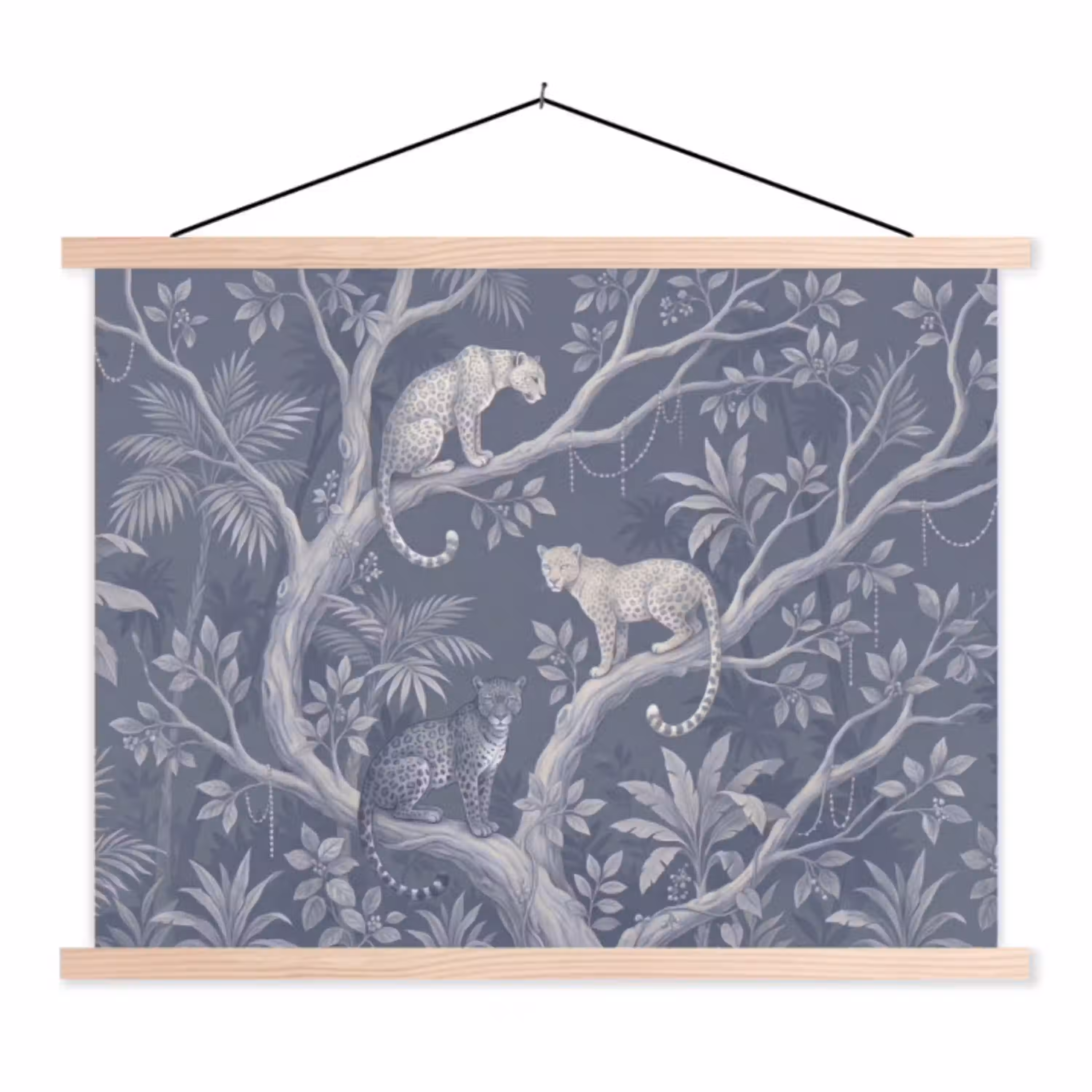 Dieren - Jungle - Illustratie - Bomen - Blauw textielposter latten blank klein -3d