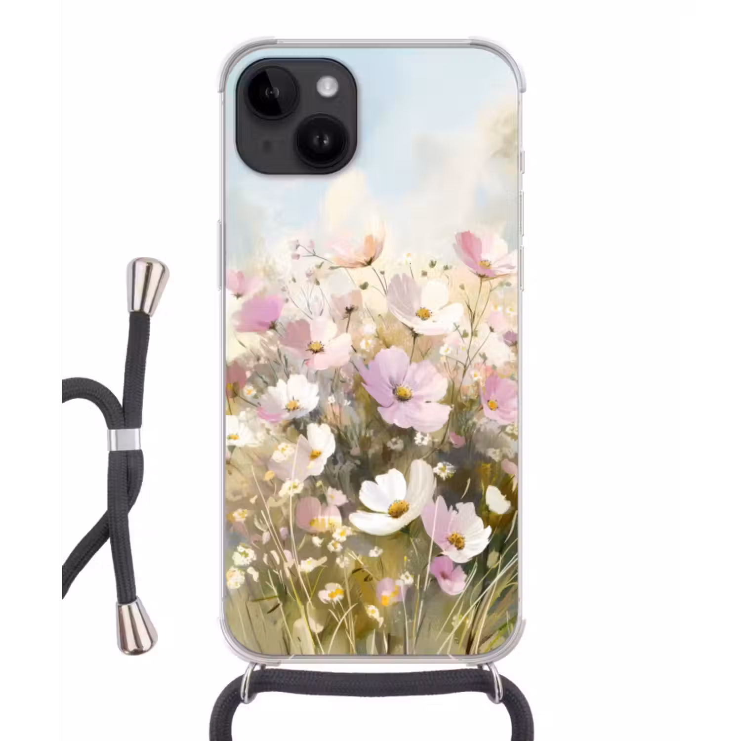 Telefoonhoesje crossbody - Bloemenveld - Lichte tinten - Geschilderd