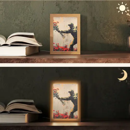 Street art - Man - Bloemen - Graffiti - Banksy Style Light Box met kabel (Tafellamp) klein -sfeer3