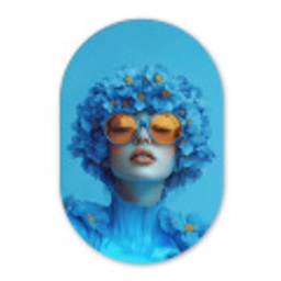 Vrouw - Bloem - Blauw - Modern - Bril - Portret Wandcirkel Ovaal Glas middel -3d