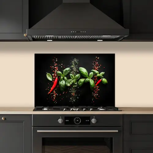 Chilipepers - Basilicum - Blaadjes - Rood keuken achterwand spatscherm klein -sfeer1