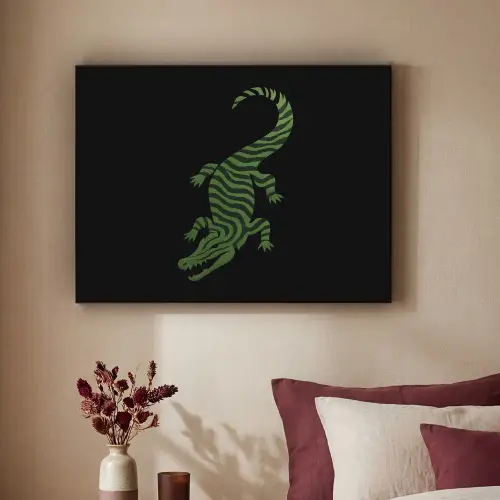 Krokodil - Groen - Tijgerachtig - Strepen Textielframe zwart klein -sfeer1