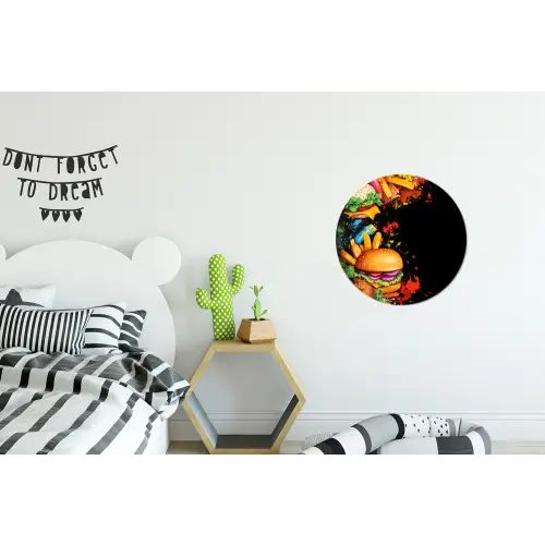 Fastfood - Graffiti - Hamburger - Eten - Modern Wandcirkel aluminium klein -kinderkamer