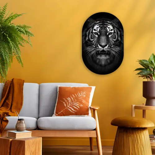 Tijger - Dieren - Zwart - Wit - Portret - Wild Wandcirkel Ovaal Forex klein -sfeer4