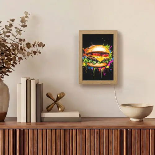 Hamburger - Graffiti - Verf - Kleurrijk - Eten - Abstract Light Box met kabel (Tafellamp) klein -sfeer2