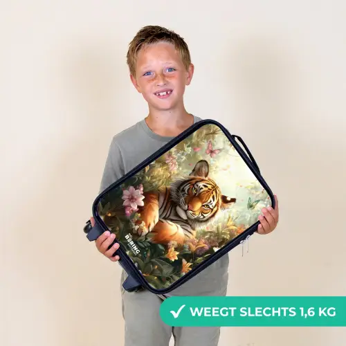 Tijger in bloemenveld met vlinders en zonlicht Kinderkoffer - Zwart klein -sfeer4_NL