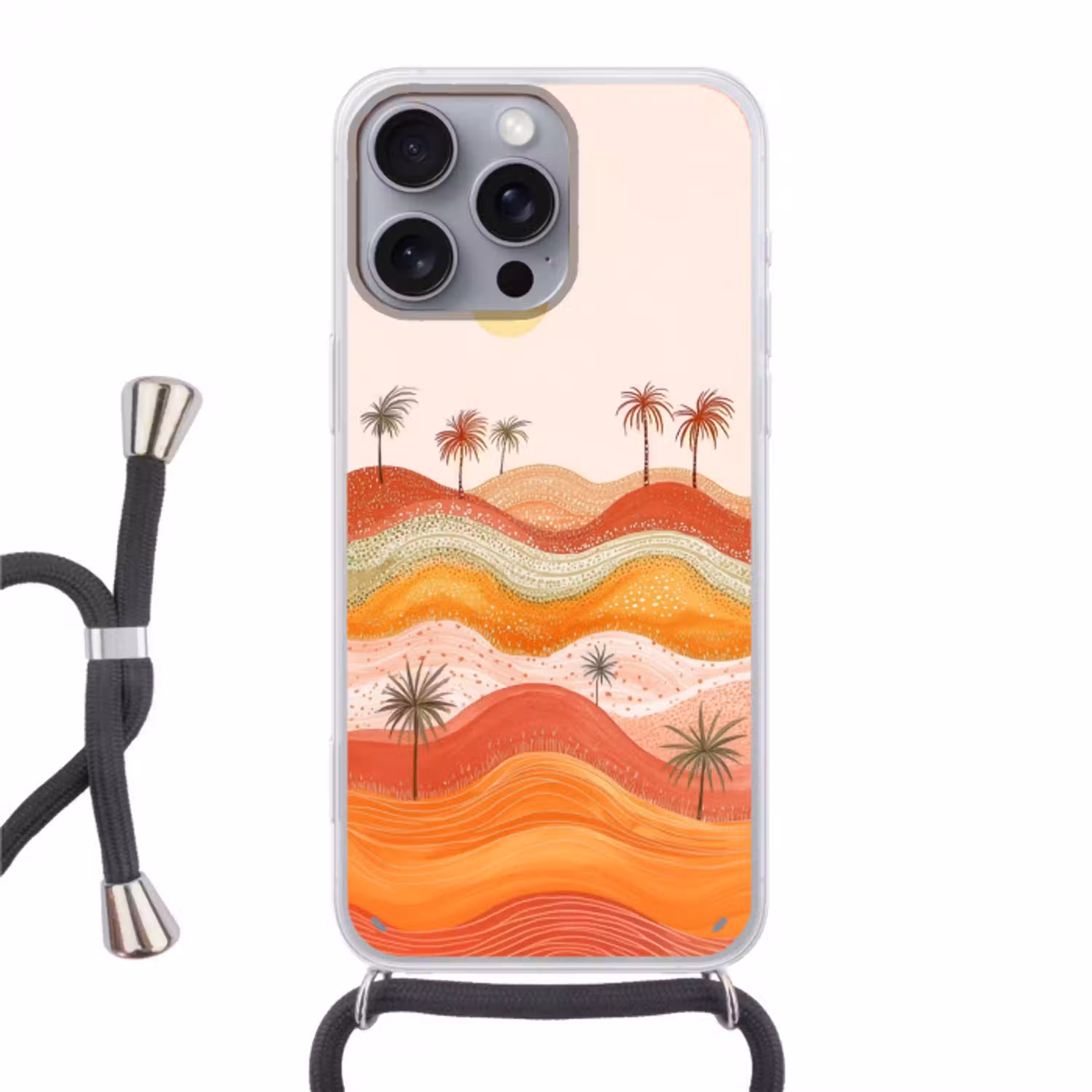 Abstract landschap - Palmbomen - Kleurrijk Hoesje iPhone 16 Pro Max met koord klein -3d