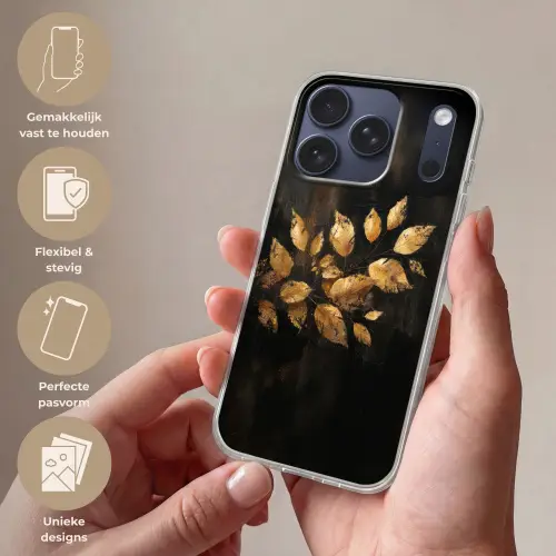 Gouden Bladeren op Donkere Achtergrond Telefoonhoesje iPhone 17 Pro klein -sfeer3_NL
