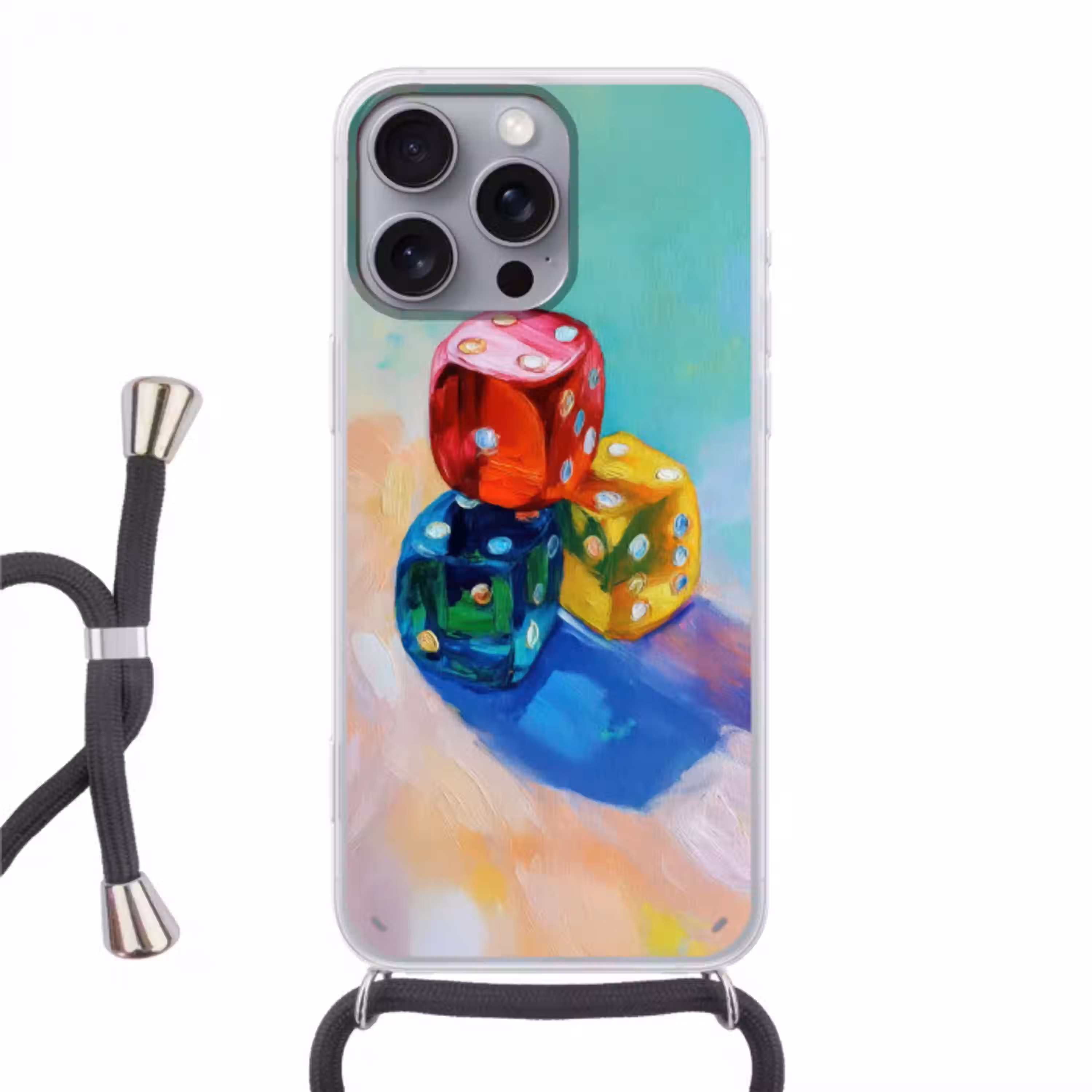 Dobbelstenen - Kleurrijk - Getallen - Stipjes Hoesje iPhone 16 Pro Max met koord klein -3d