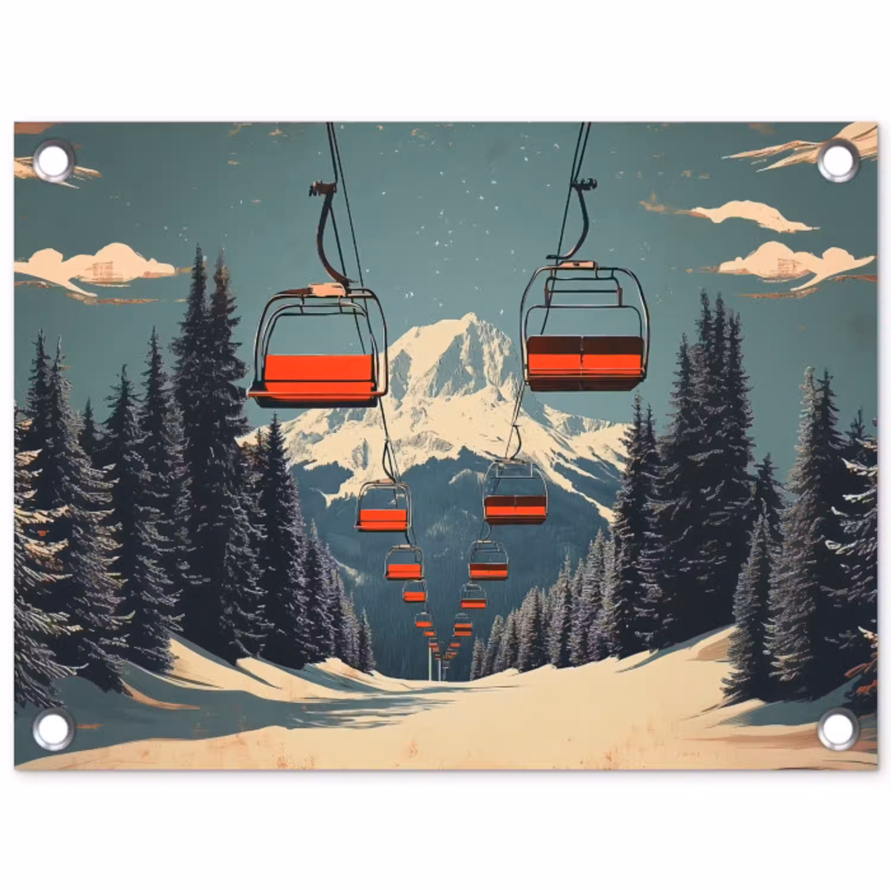 Sneeuw - Skilift - Rood - Bomen tuinposter los doek klein -3d