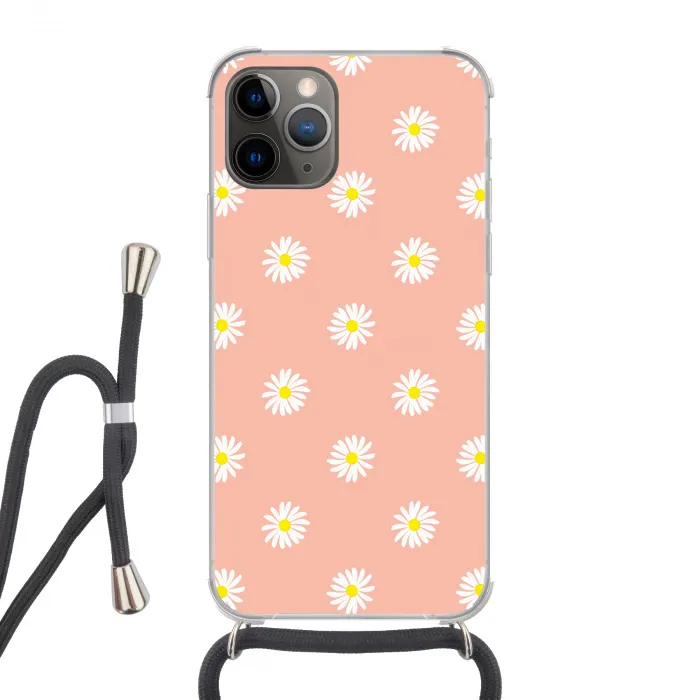 Madeliefjes - Pastel - Wit - Roze - Bloemen print Hoesje iPhone 12 Pro met koord klein -3d