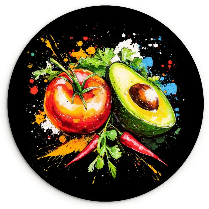 Tomaat - Avocado - Peper - Graffiti - Verf - Modern Wandcirkel kunststof plaat 5mm dik klein -3d