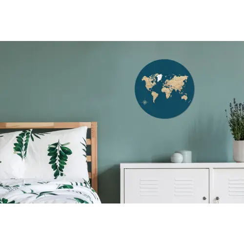 Wereldkaart - Donkerblauw - Beige Wandcirkel aluminium klein -slaapkamer