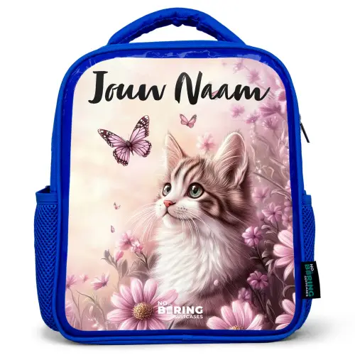 Kitten - Vlinders - Paars - Bloemen Kinderrugzak - Blauw middel -3d