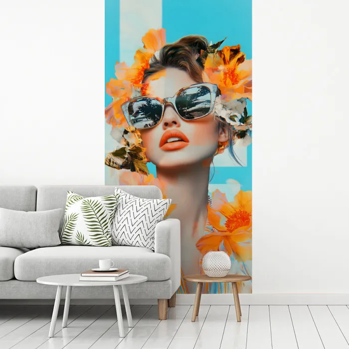 Bloemen - Vrouw - Zonnebril - Blauw fotobehang vinyl groot -woonkamer