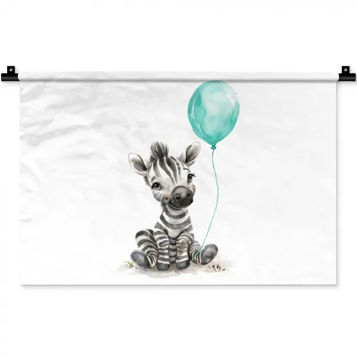 Zebra - Baby dier - Blauwe ballon Wandkleed katoen klein -zz3d