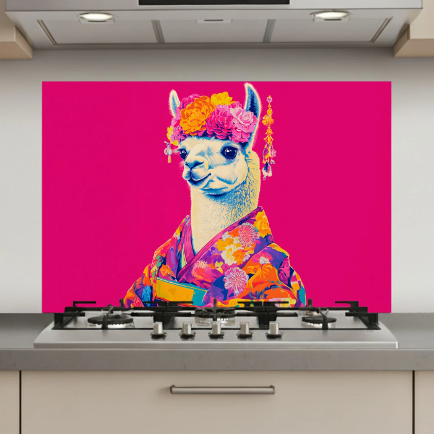 Lama - Kimono - Bloemenkrans - Felroze keuken achterwand spatscherm klein -3d_website