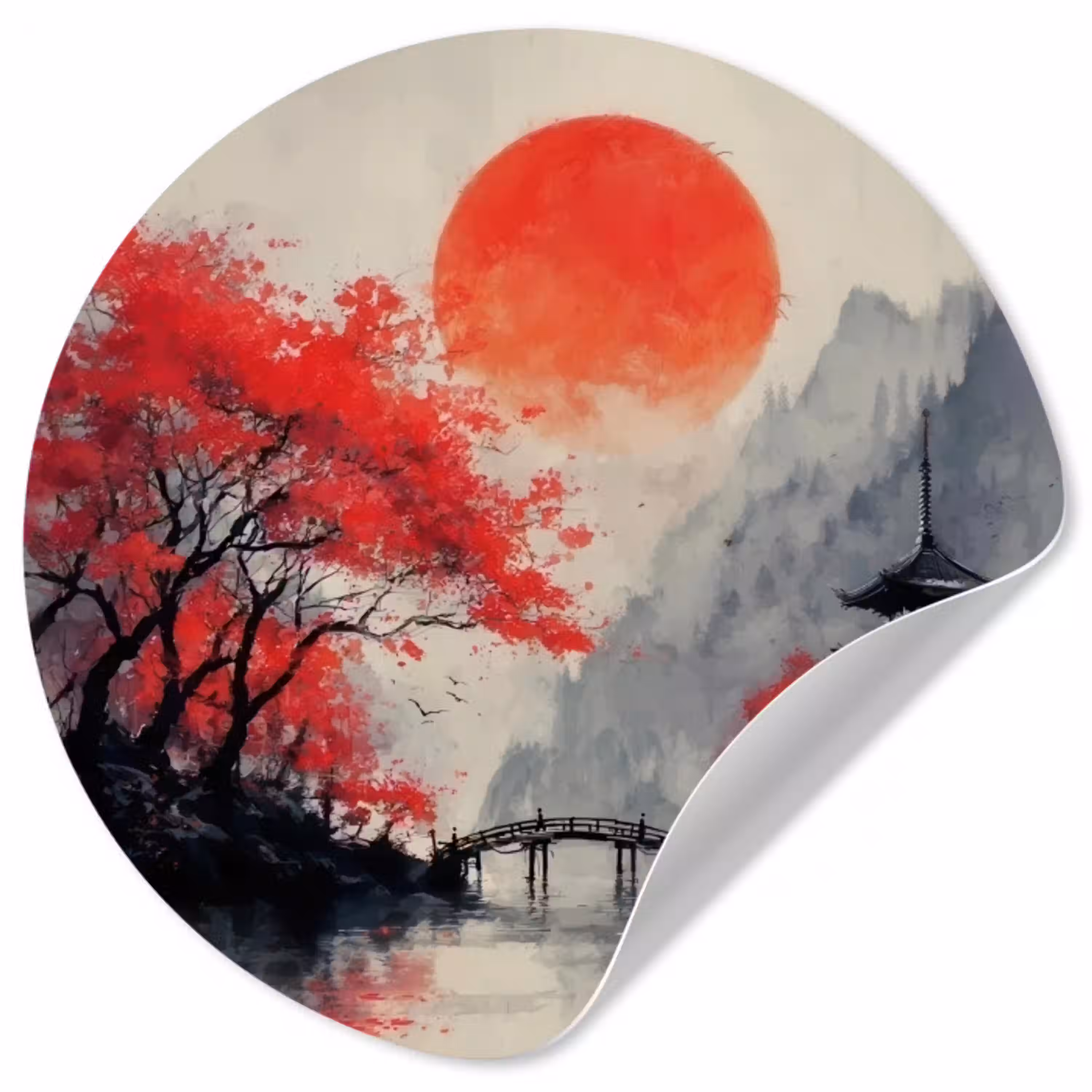 Rode zon - Rivier - brug - Bomen Wandcirkel behangsticker klein -3d