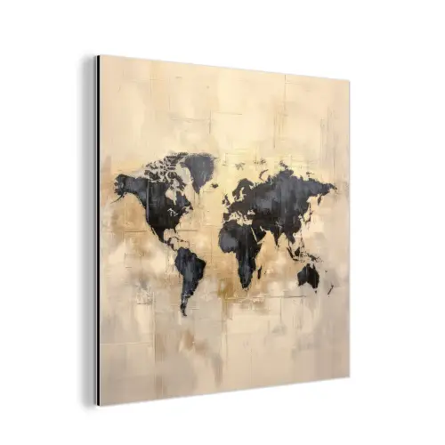 Wereldkaart - Goud - Zwart - Abstract aluminium wit klein -3d