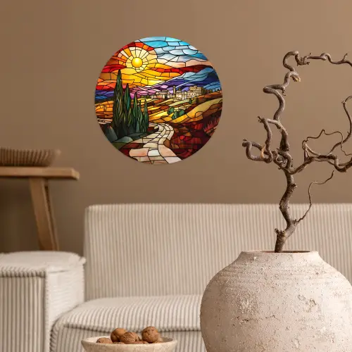 Mozaïek - Zon - Landschap - Dorp Wandcirkel behangsticker klein -sfeer1
