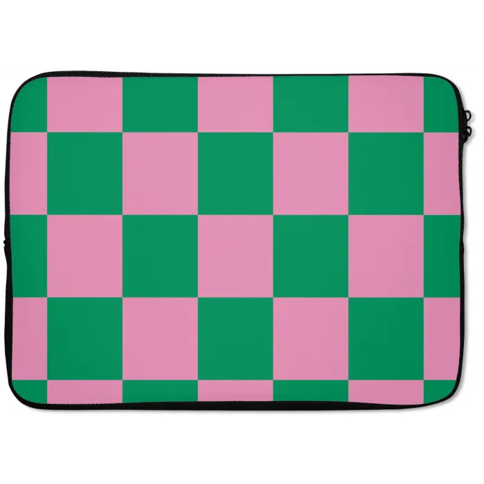 Schaakbord patroon - Groen - Roze - Blokjes laptophoes neopreen klein -zkaufland3dotto