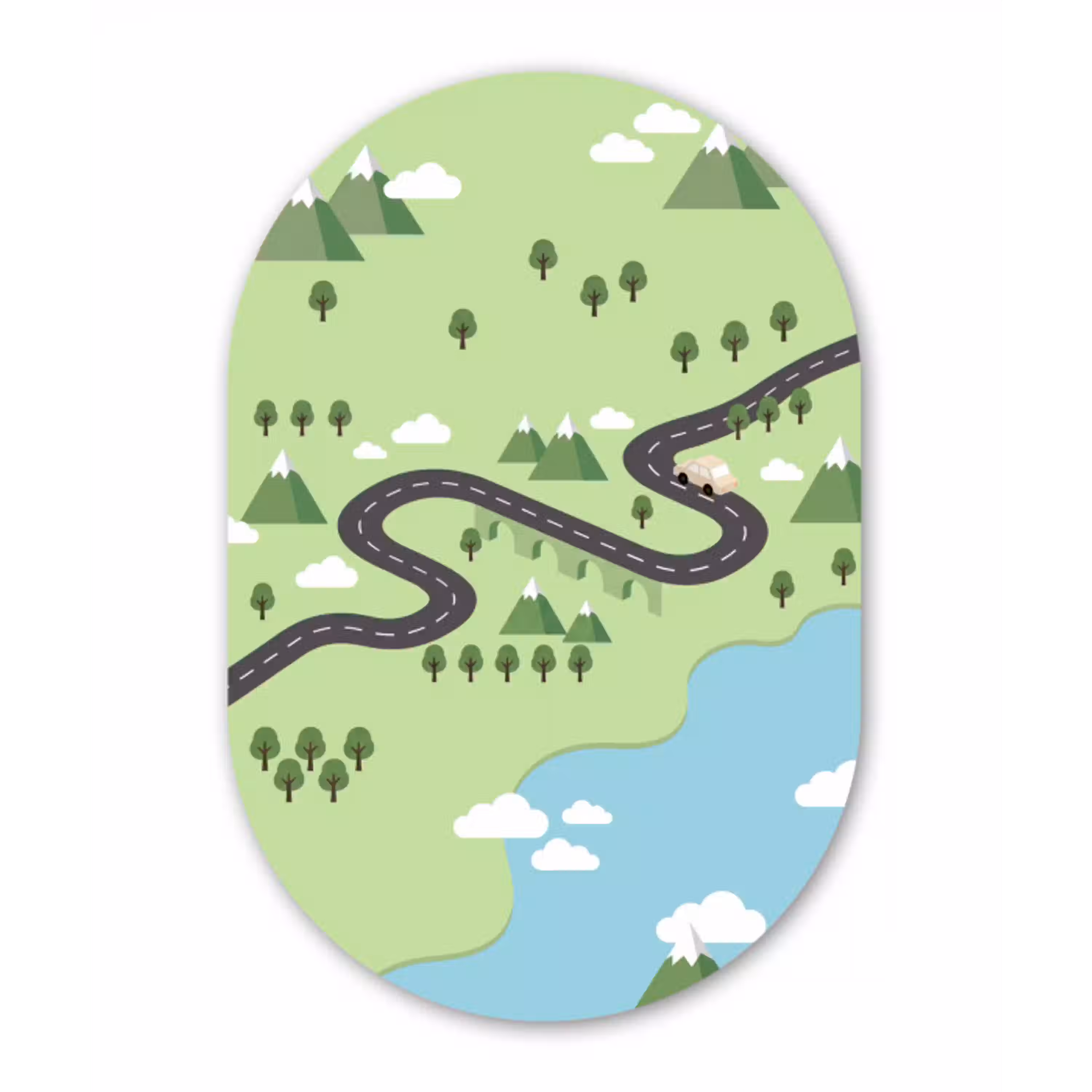 Auto - Bergweg - Natuur - Illustratie Wandcirkel Ovaal Aluminium middel -3d
