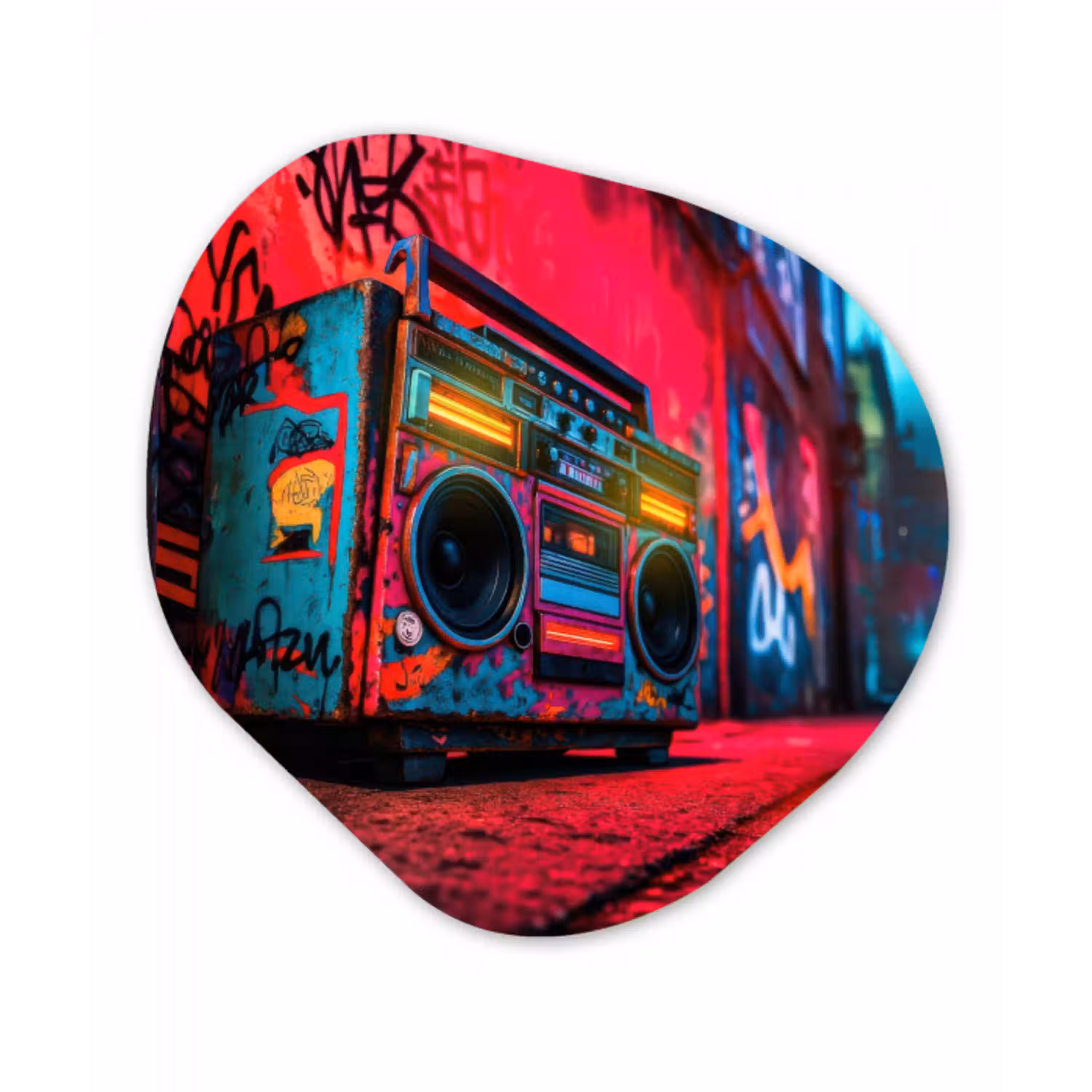 Boombox - Rood - Graffiti - Neon Wandcirkel Organisch Plexiglas middel -3d