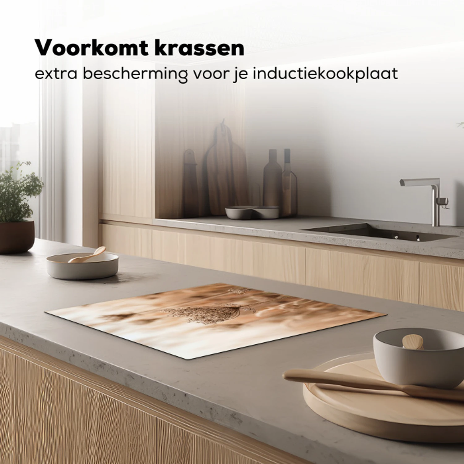 Schermbloem - Droogbloem - Winter - Beige - Minimalistisch Inductie beschermer vinyl 3mm middel -sfeer1