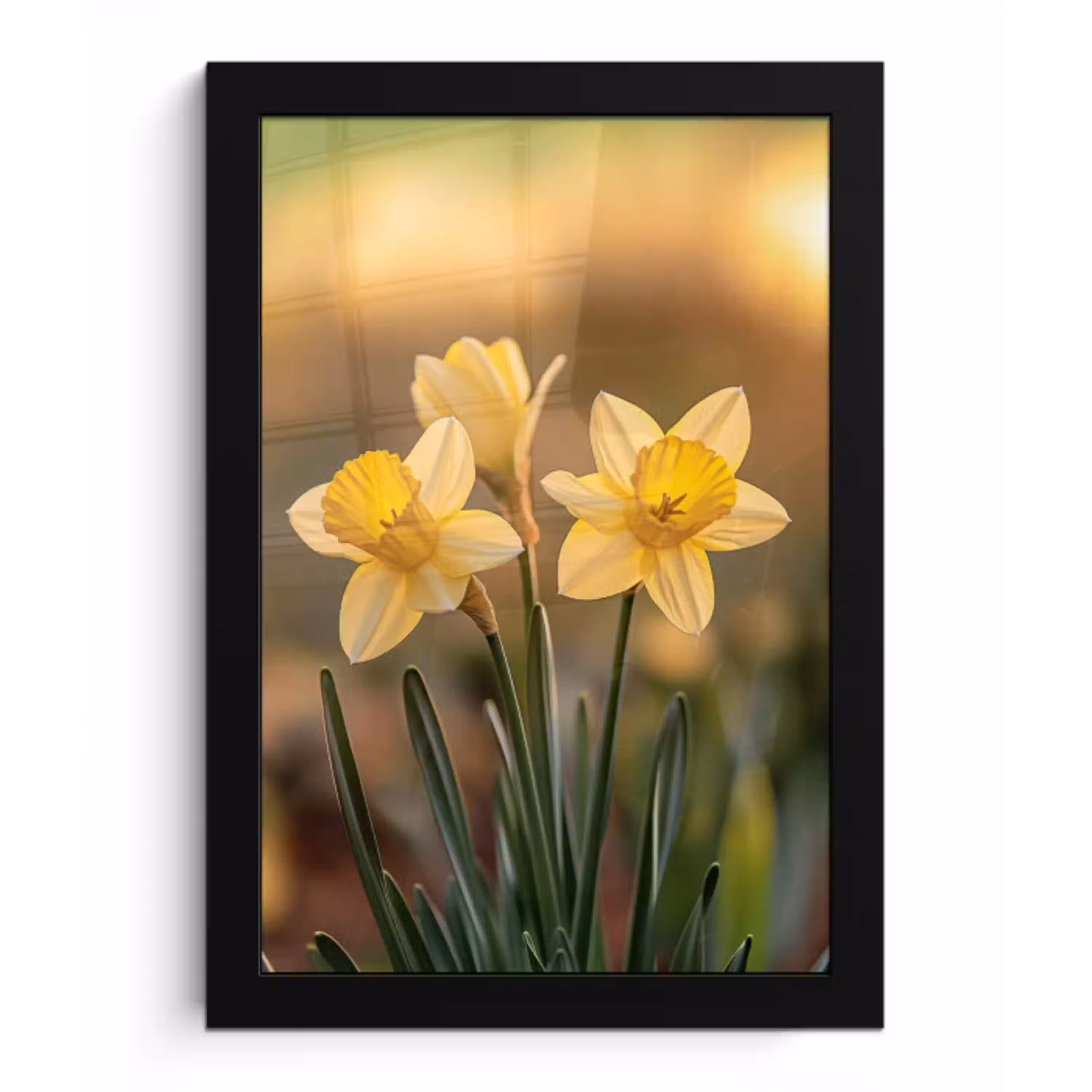 Bloemen - Geel - Wazig fotolijst zwart zonder passe partout klein -3d