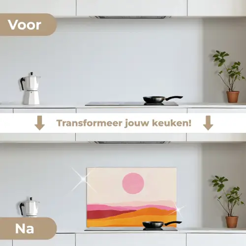 Heuvels - Oranje - Zon - Abstract keuken achterwand spatscherm klein -voor_na_NL