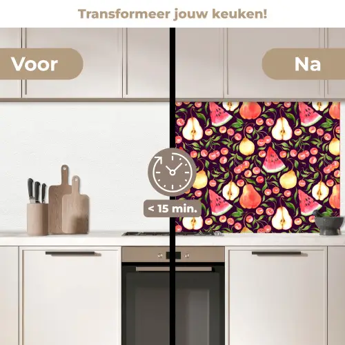 Donker - Bladeren - Fruit - Patroon keuken achterwand 2 middel 871 -voor-na2_NL