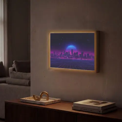 Skyline - Zon - Neon - Rasterpatroon Light Box met batterij (Wandlamp) middel -sfeer1