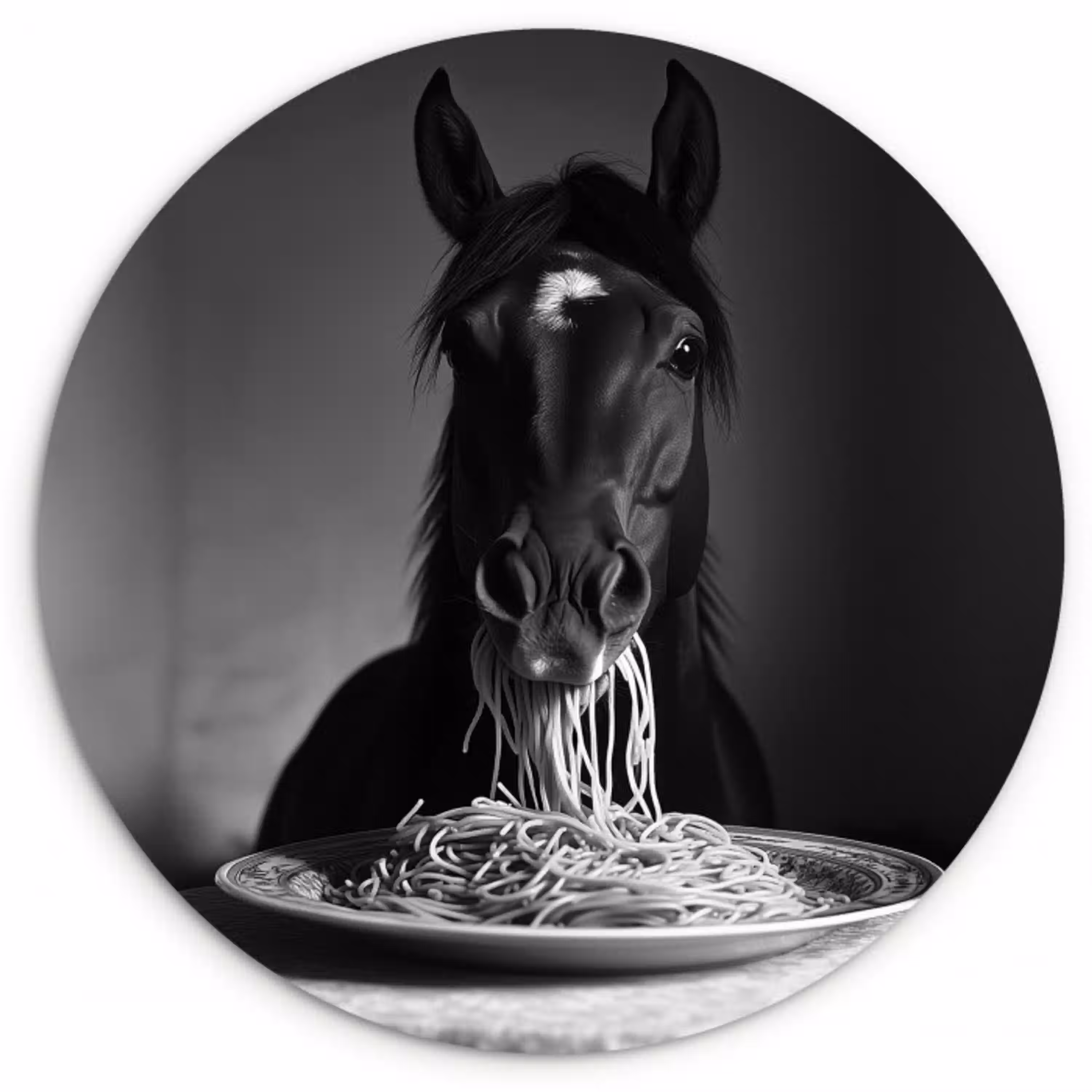 Paard - Bord - Pasta - Tafelkleed - Zwart Wit - Dieren Wandcirkel kunststof plaat 5mm dik klein -3d