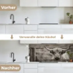 Schotse hooglander - Zwart - Wit - Hout keuken achterwand 2 middel -voor-na_DE