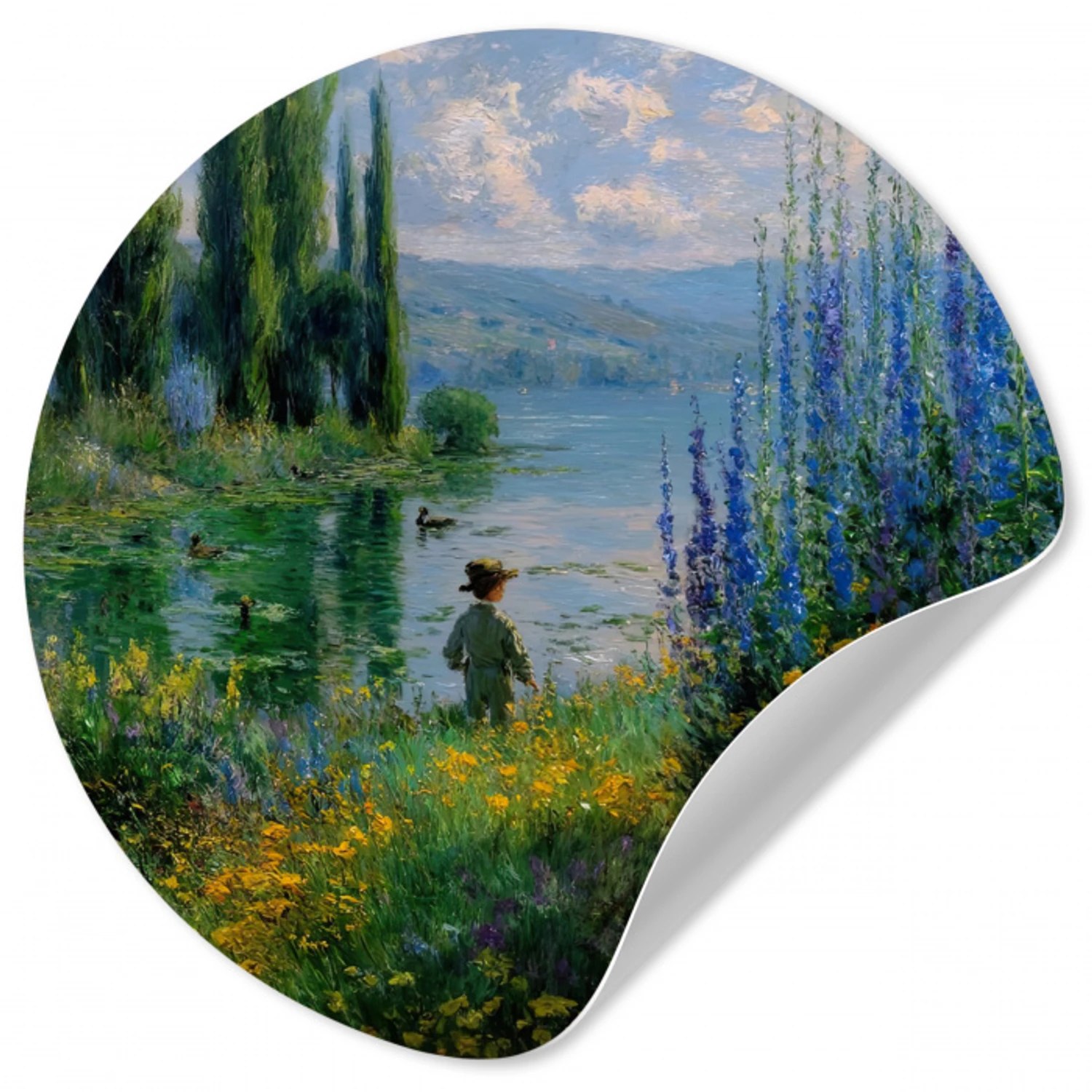 Bloemen - Meer - Bergen - Groen Wandcirkel behangsticker klein -3d