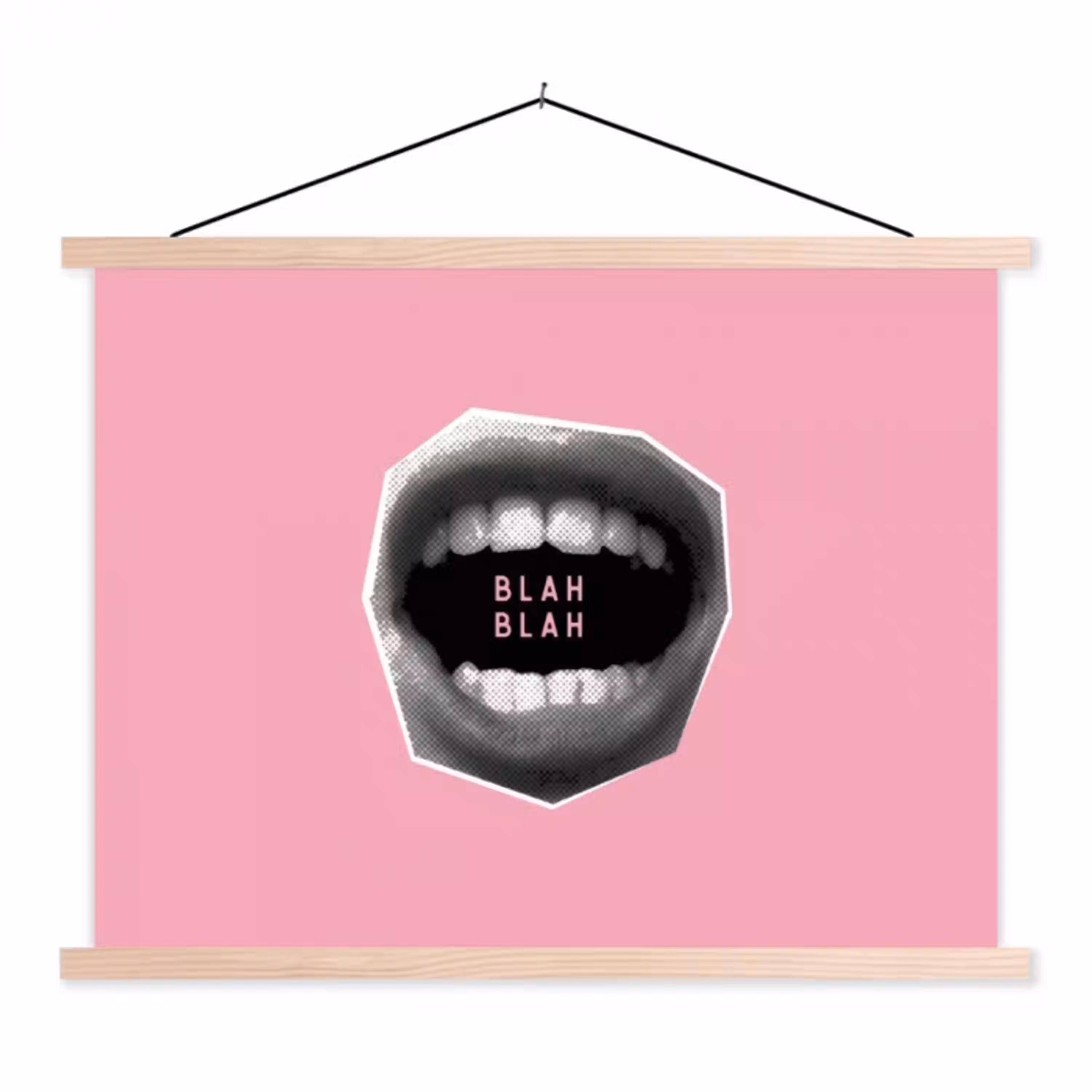 Mond - BLAH BLAH - Roze textielposter latten blank klein -3d
