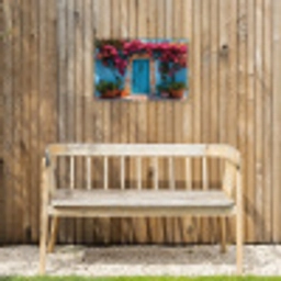 Deur - Hout - Bloemen - Blauw Tuinposter op houten frame 2 cm dik klein -sfeer4